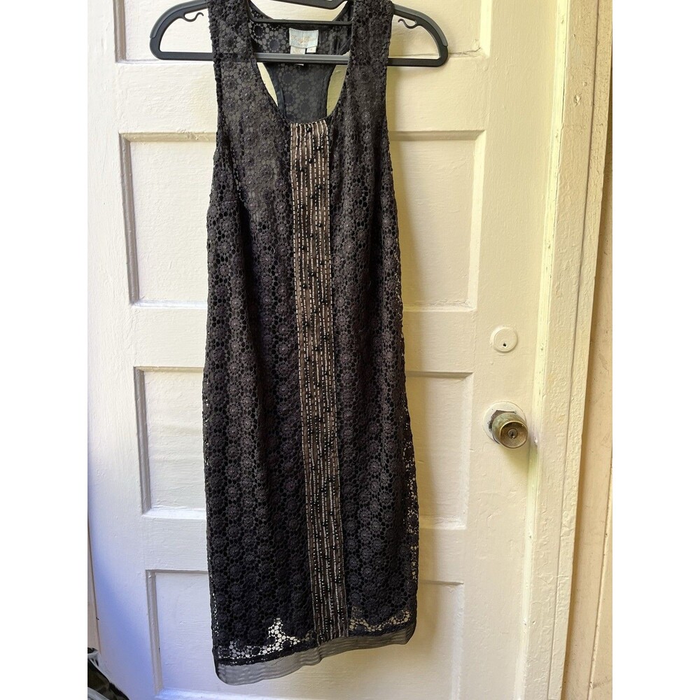 Tracy Reese Black Floral Shift Dress 4 Black Crochet Sequin Boho Holiday Festive